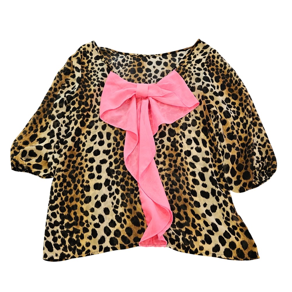 Auditions Leopard Print Pink Bow Ruffle Blouse Womens Medium Made in USA